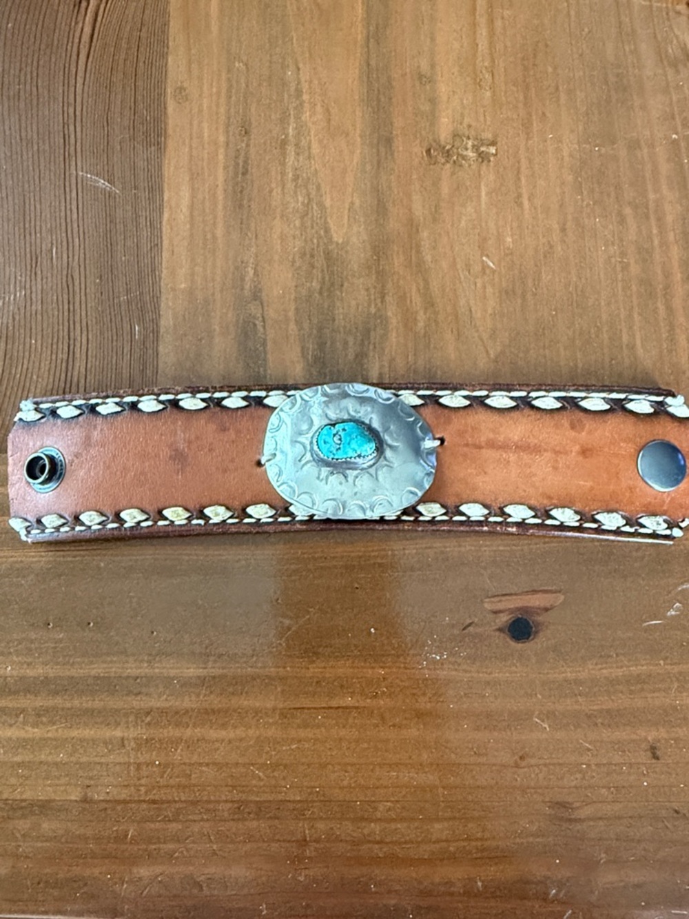 Handcrafted Brown Leather Bracelet with Turquoise Concho.